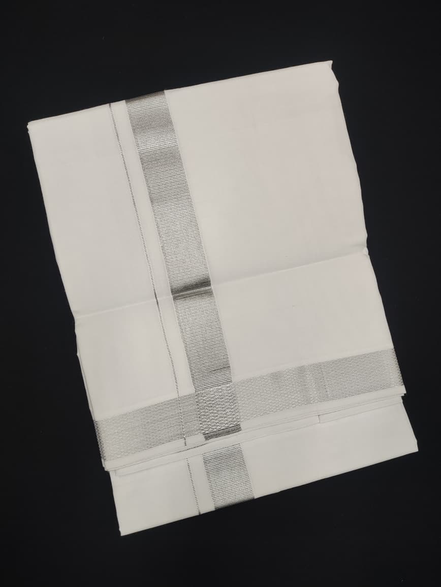 Cotton White Dhoti | Silver Border | 4 Mtrs